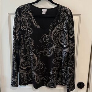 Chico’s Black Swirl Print V-Neck Long Sleeve Top
